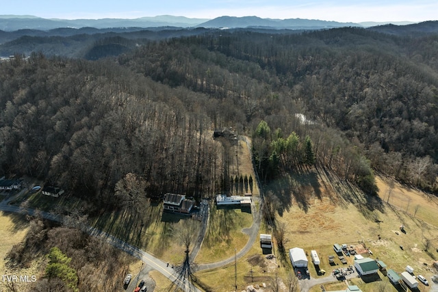 birds eye view of property with a mountain view and a wooded view