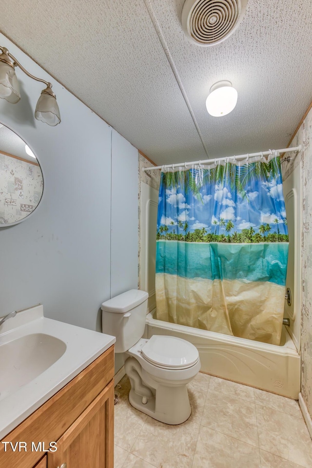 full bathroom with vanity, toilet, shower / bath combo with shower curtain, and visible vents