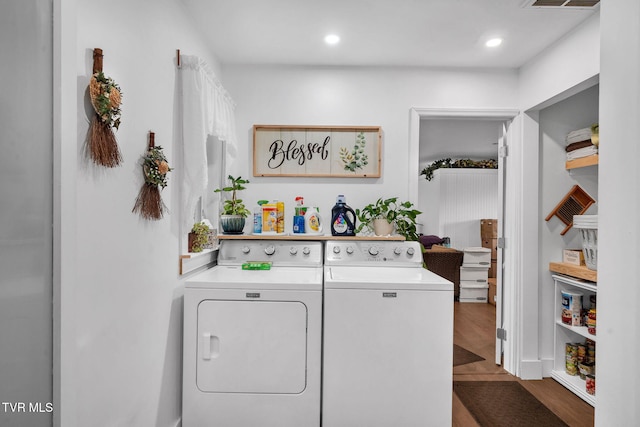 2256 Boones Creek Rd, Johnson City, TN 37615 - clothes washing area with wood finished floors, visible vents, laundry area, recessed lighting, and washer and dryer
