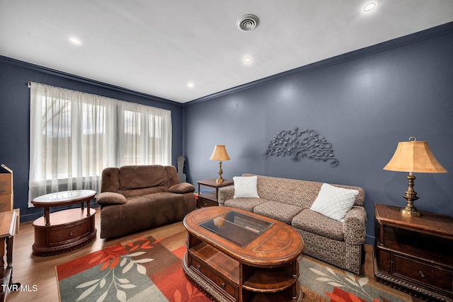 2256 Boones Creek Rd, Johnson City, TN 37615 - living room with recessed lighting, wood finished floors, visible vents, and ornamental molding