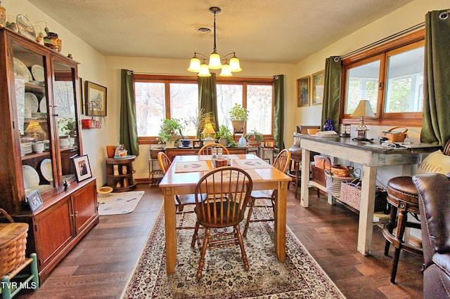 dining area with a chandelier, plenty of natural light, dark wood-type flooring, and visible vents