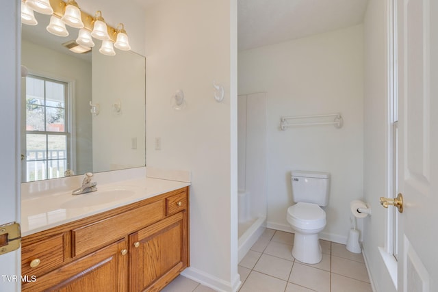 full bathroom featuring tile patterned flooring, baseboards, toilet, vanity, and a shower