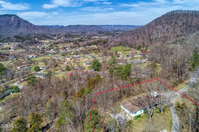 drone / aerial view featuring a forest view and a mountain view