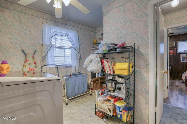 washroom with wallpapered walls, laundry area, washer / clothes dryer, and ceiling fan