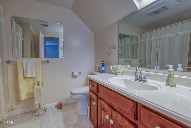 full bath featuring vanity, baseboards, visible vents, lofted ceiling, and toilet