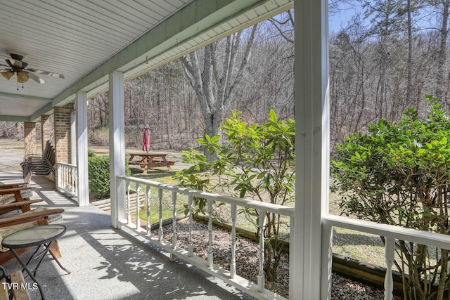 view of patio with a view of trees, covered porch, and a ceiling fan