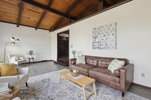 living room featuring wood finished floors, baseboards, high vaulted ceiling, wooden ceiling, and beamed ceiling