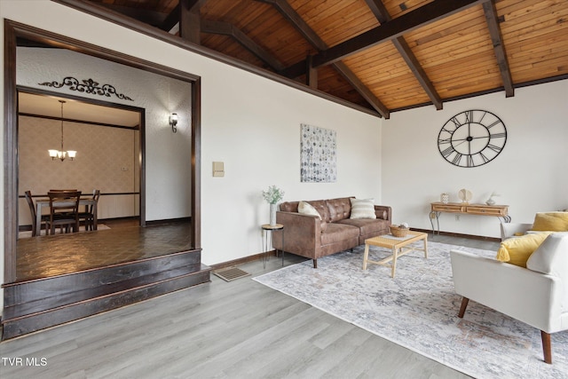 living area featuring wood finished floors, baseboards, an inviting chandelier, vaulted ceiling with beams, and wooden ceiling