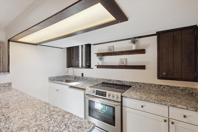 kitchen with a sink, dark brown cabinetry, stainless steel electric range oven, white cabinetry, and open shelves