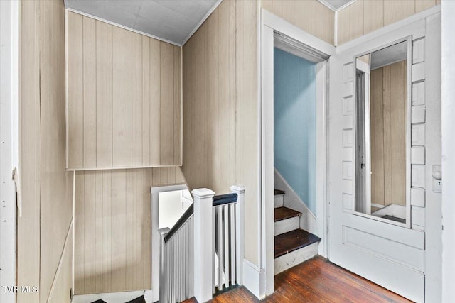 staircase with wooden walls and wood finished floors