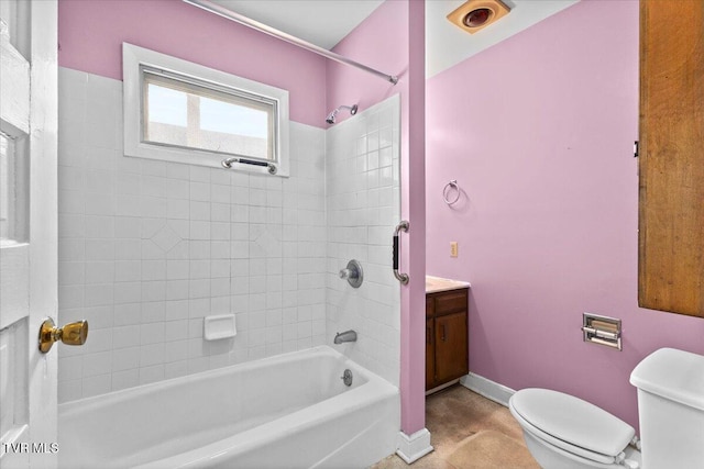 full bathroom featuring vanity,  shower combination, toilet, and baseboards