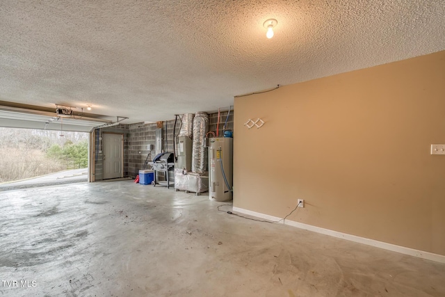 garage featuring a garage door opener, baseboards, and water heater