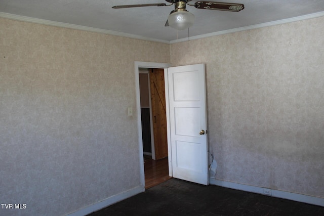 unfurnished room featuring baseboards, a ceiling fan, and ornamental molding