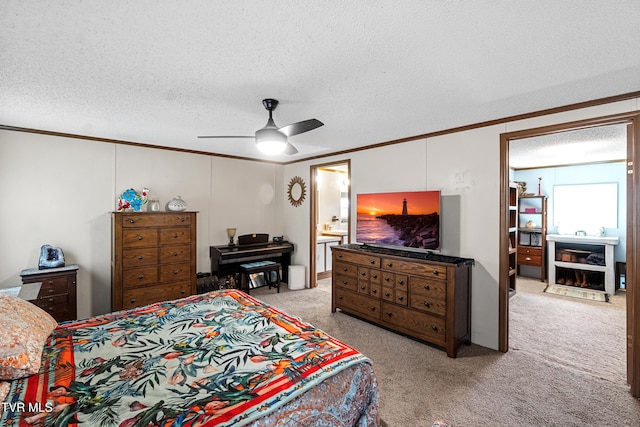 bedroom featuring light carpet, a textured ceiling, crown molding, and ceiling fan