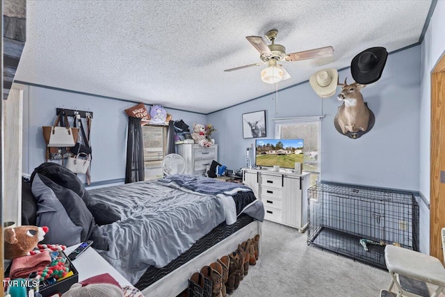 bedroom featuring a ceiling fan, lofted ceiling, carpet, and a textured ceiling