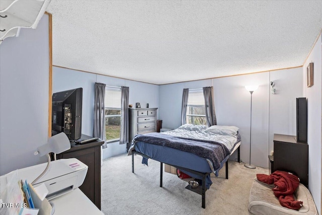 bedroom featuring a textured ceiling, multiple windows, and light carpet