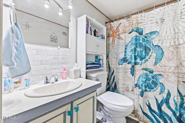 full bathroom with toilet, a textured ceiling, vanity, and a shower with curtain