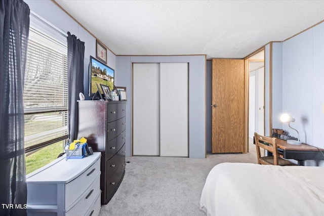 bedroom featuring a textured ceiling, multiple windows, a closet, and light carpet