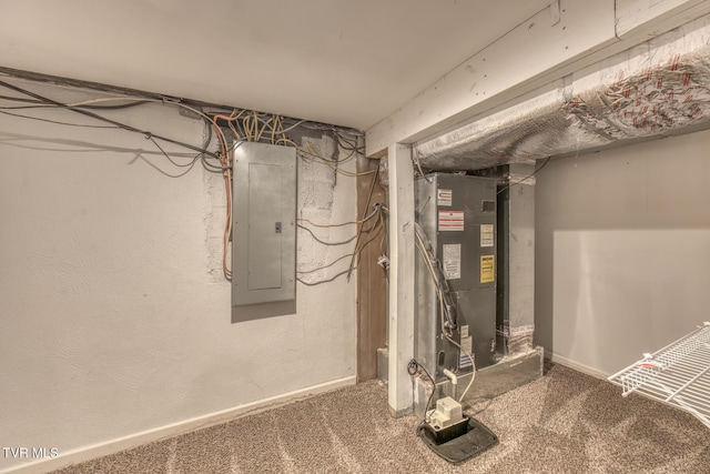 unfinished basement with electric panel, carpet, and baseboards