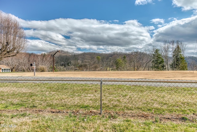 view of yard featuring a rural view, a view of trees, and fence