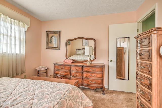 bedroom with carpet flooring and a textured ceiling