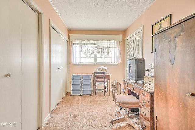 carpeted office space featuring a textured ceiling