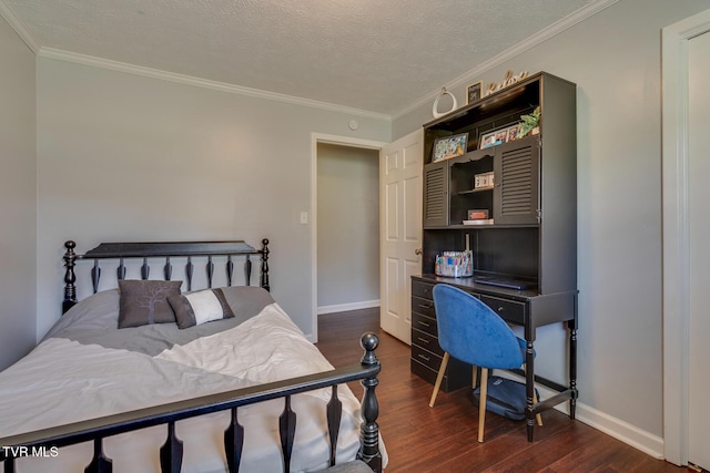 bedroom featuring dark wood finished floors, crown molding, baseboards, and a textured ceiling