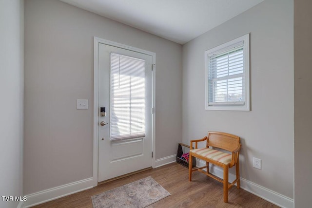 doorway featuring a wealth of natural light, baseboards, and wood finished floors