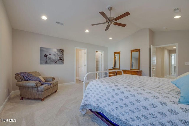 bedroom with visible vents, baseboards, vaulted ceiling, light carpet, and recessed lighting