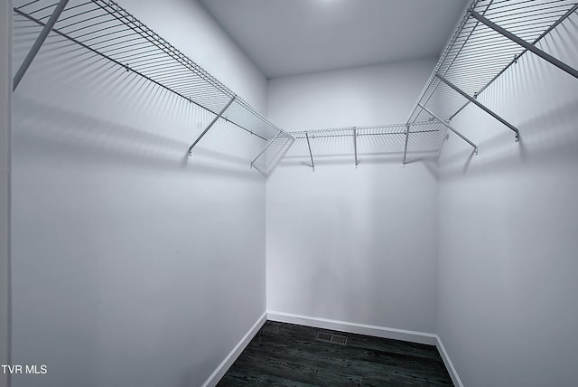 spacious closet with dark wood finished floors