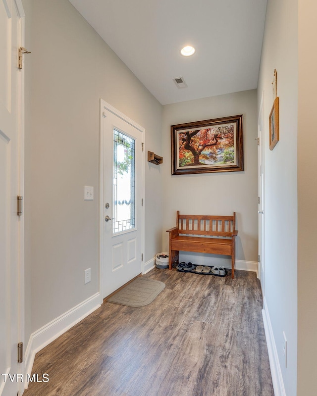 entrance foyer with recessed lighting, wood finished floors, visible vents, and baseboards