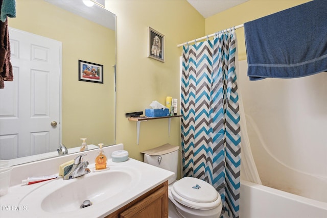 bathroom featuring toilet, vanity, and shower / bathtub combination with curtain