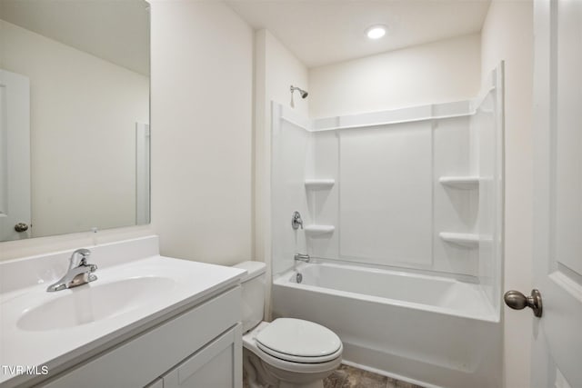 full bath with bathing tub / shower combination, toilet, and vanity