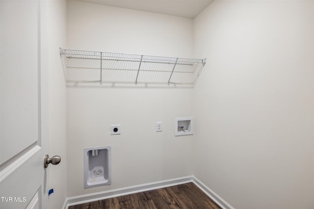 washroom featuring hookup for a washing machine, baseboards, hookup for an electric dryer, laundry area, and dark wood-type flooring