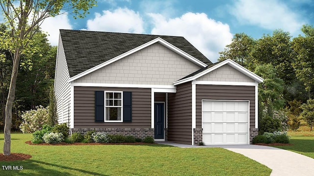 view of front of property with brick siding, a front yard, concrete driveway, and an attached garage