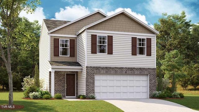 view of front of property with brick siding, an attached garage, concrete driveway, and a front lawn