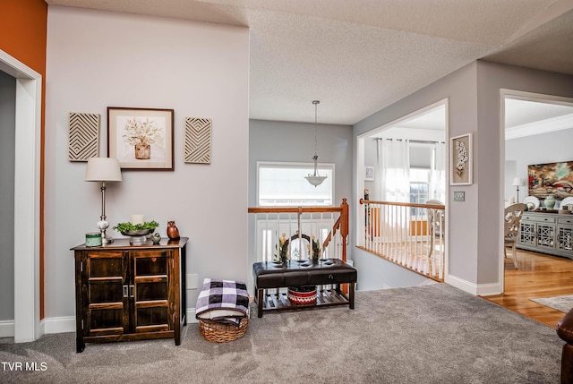 hallway with baseboards, an upstairs landing, a textured ceiling, and carpet flooring