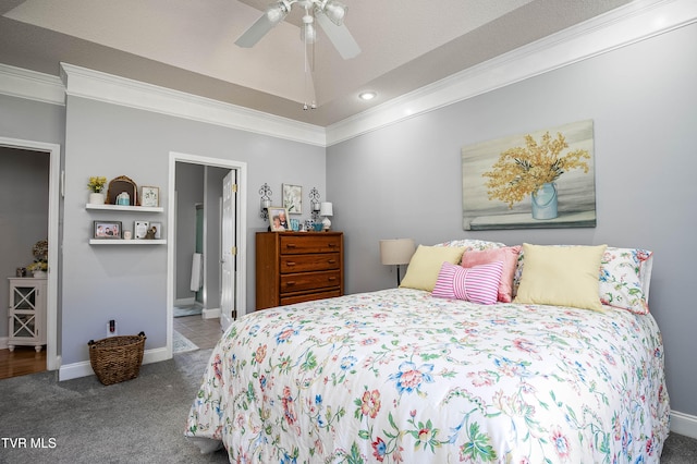 carpeted bedroom with ornamental molding, recessed lighting, connected bathroom, baseboards, and ceiling fan