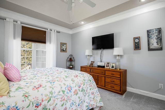 carpeted bedroom featuring a ceiling fan, crown molding, recessed lighting, and baseboards