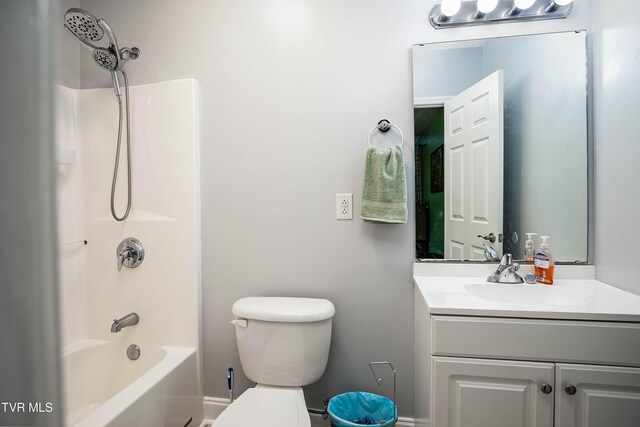 full bath with shower / bathtub combination, toilet, and vanity