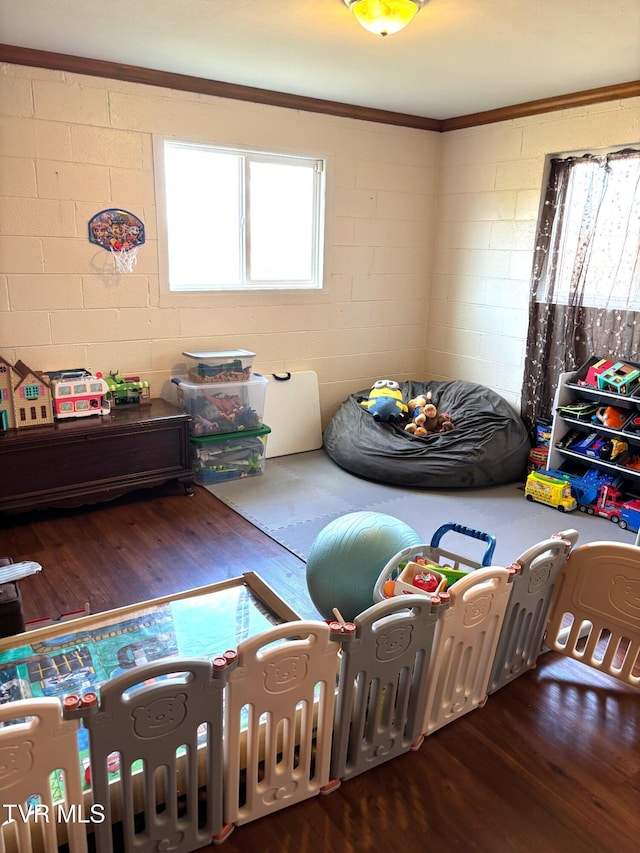 game room with wood finished floors and concrete block wall