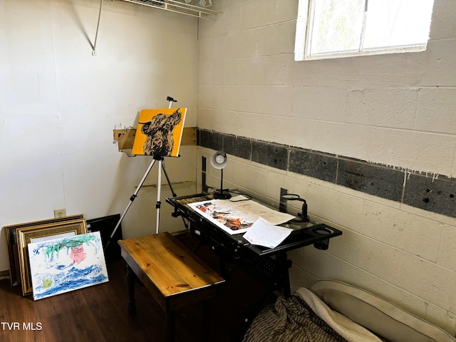 misc room featuring concrete block wall and wood finished floors