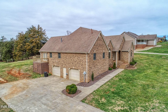 view of home's exterior featuring brick siding, concrete driveway, roof with shingles, a lawn, and a garage