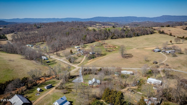 drone / aerial view with a rural view, a mountain view, and a forest view