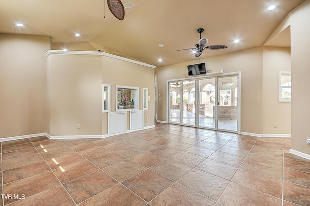 tiled spare room featuring recessed lighting, baseboards, lofted ceiling, and a ceiling fan