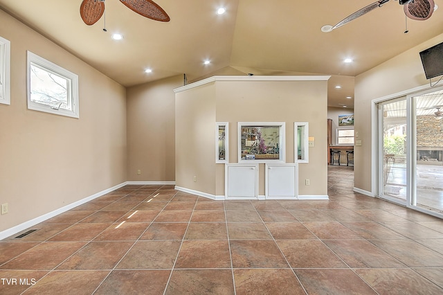 unfurnished living room featuring tile patterned floors, recessed lighting, baseboards, and ceiling fan