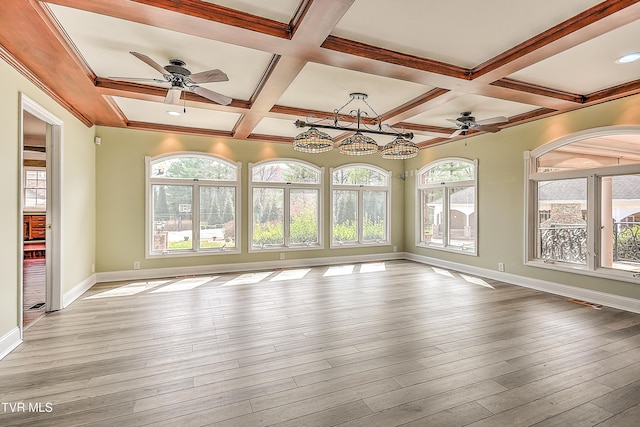 unfurnished living room with baseboards, coffered ceiling, ceiling fan, and light wood finished floors