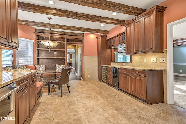 kitchen with open shelves, wine cooler, light stone counters, and hanging light fixtures