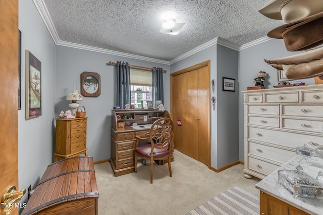 office space with light colored carpet, crown molding, and a textured ceiling