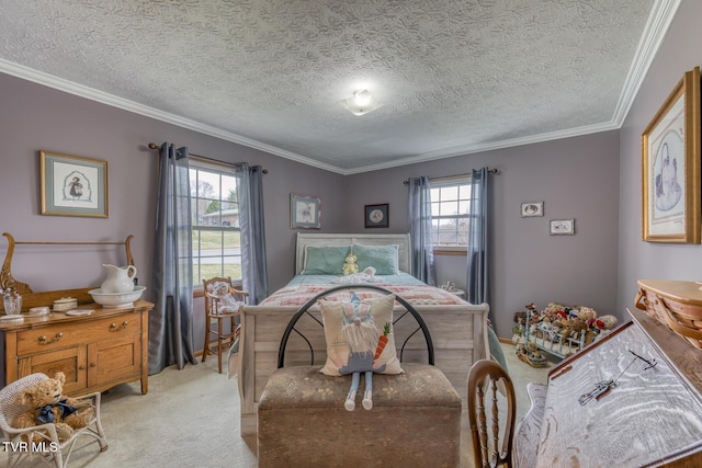 bedroom featuring light carpet, a textured ceiling, and crown molding